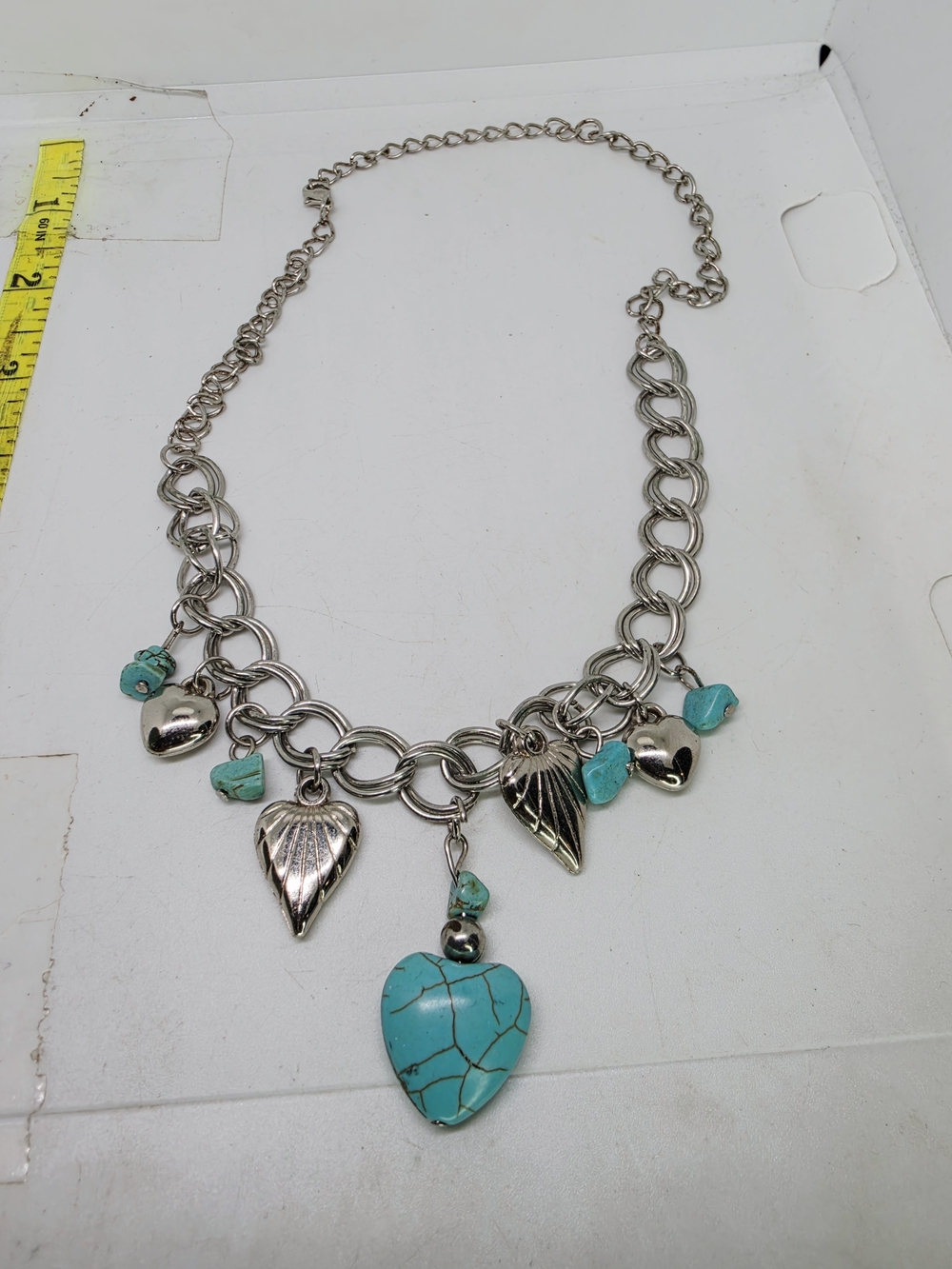 Vtg Silver Tone Chain Faux Turquoise Puffy Heart Charm Necklace Southwest Boho